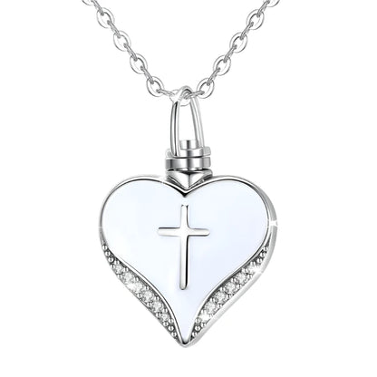 Sterling Silver Heart Cremation Urn Necklace Ash Jewelry Memorial Keepsake Cross Pendant Forever in my heart