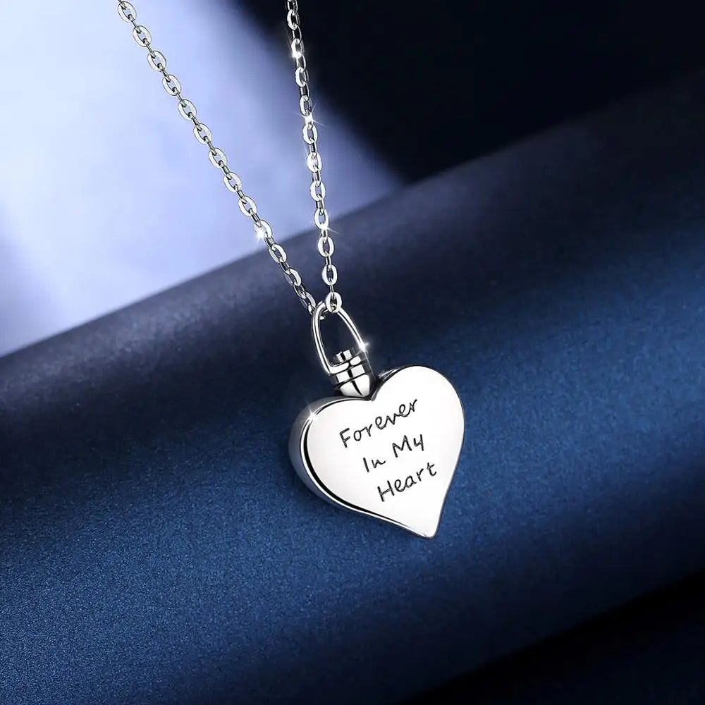 Sterling Silver Heart Cremation Urn Necklace Ash Jewelry Memorial Keepsake Cross Pendant Forever in my heart