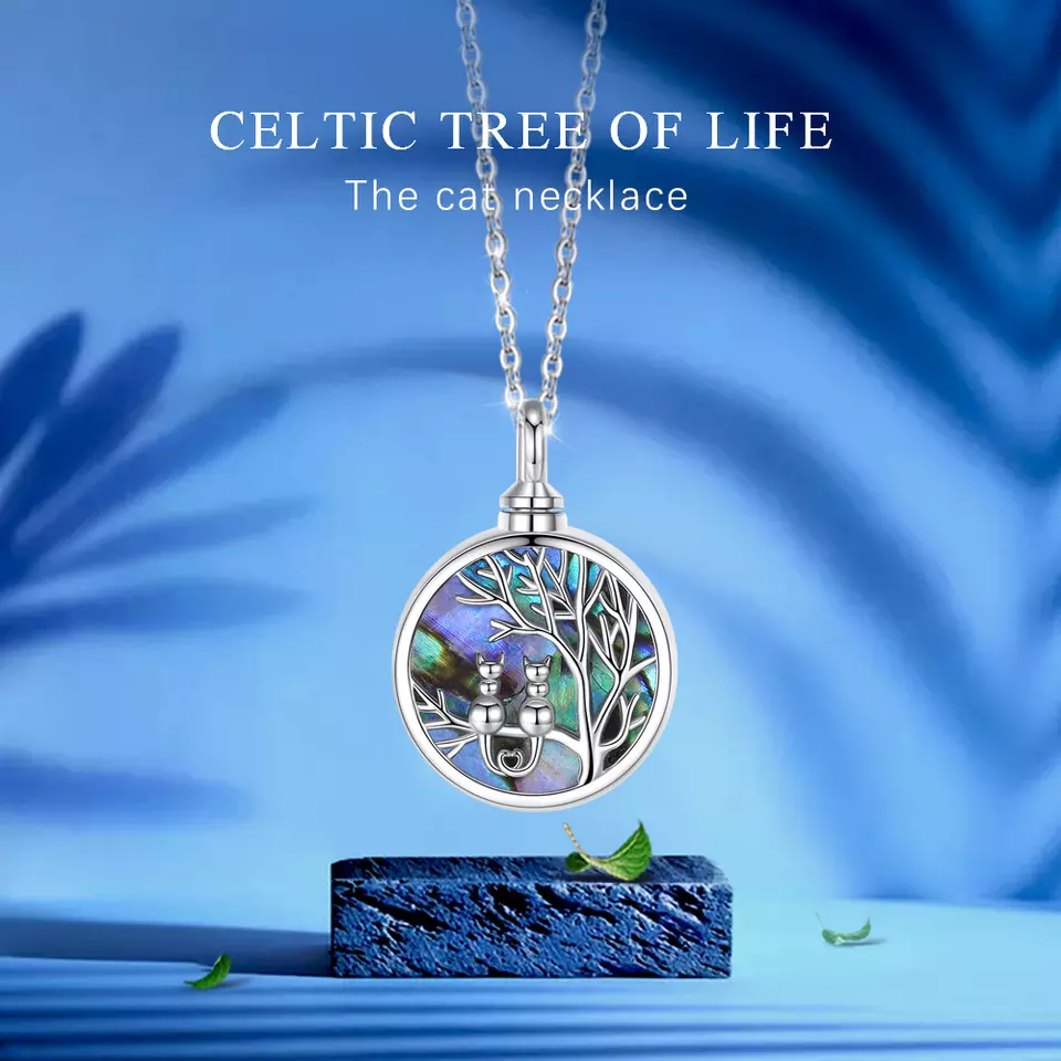 Image of cremation pendant with a blue background with the title, "Celtic Tree of Life"