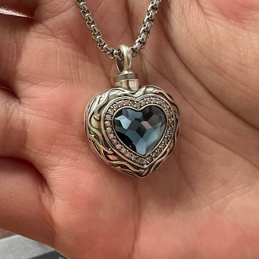 Sterling Silver Blue Heart Cremation Necklace - Jewel Lay