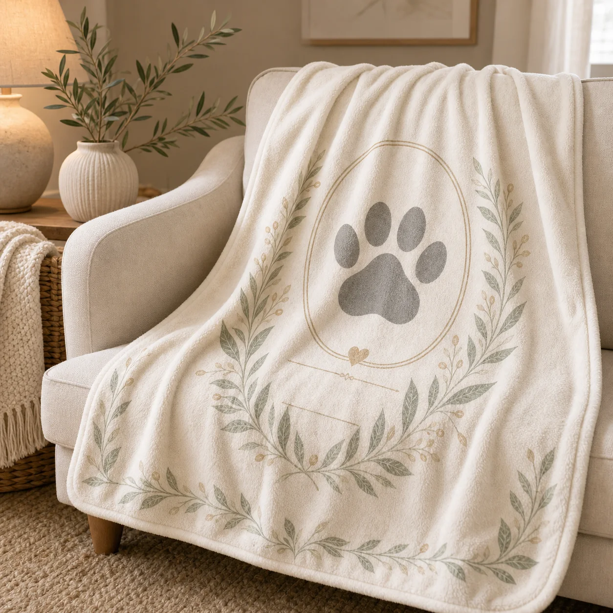 Pet memorial blanket in a quiet living space