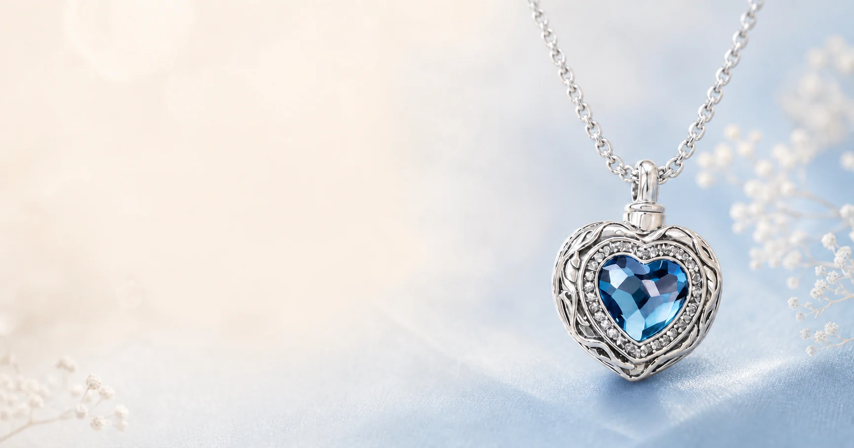 Blue Heart Cremation Necklace on an ivory and powder blue background