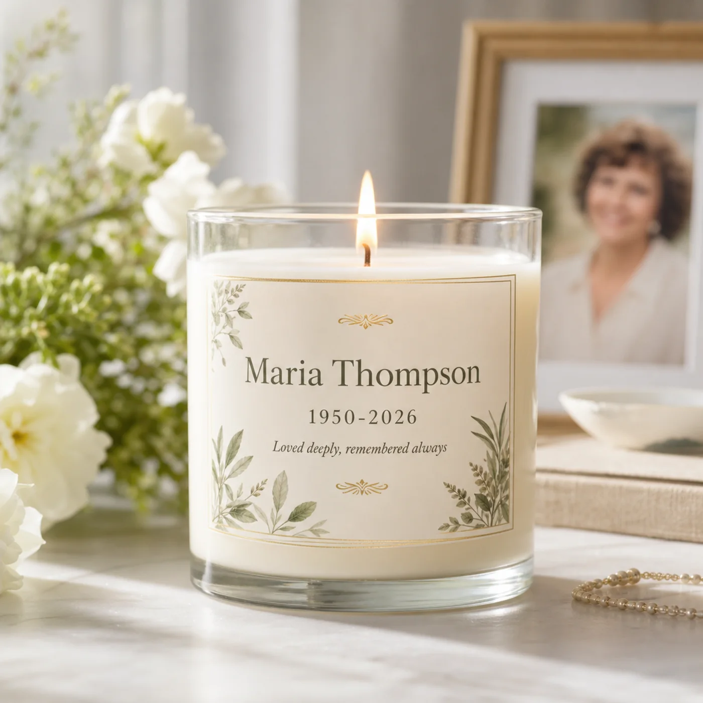 Personalized memorial candle example with soft botanical label