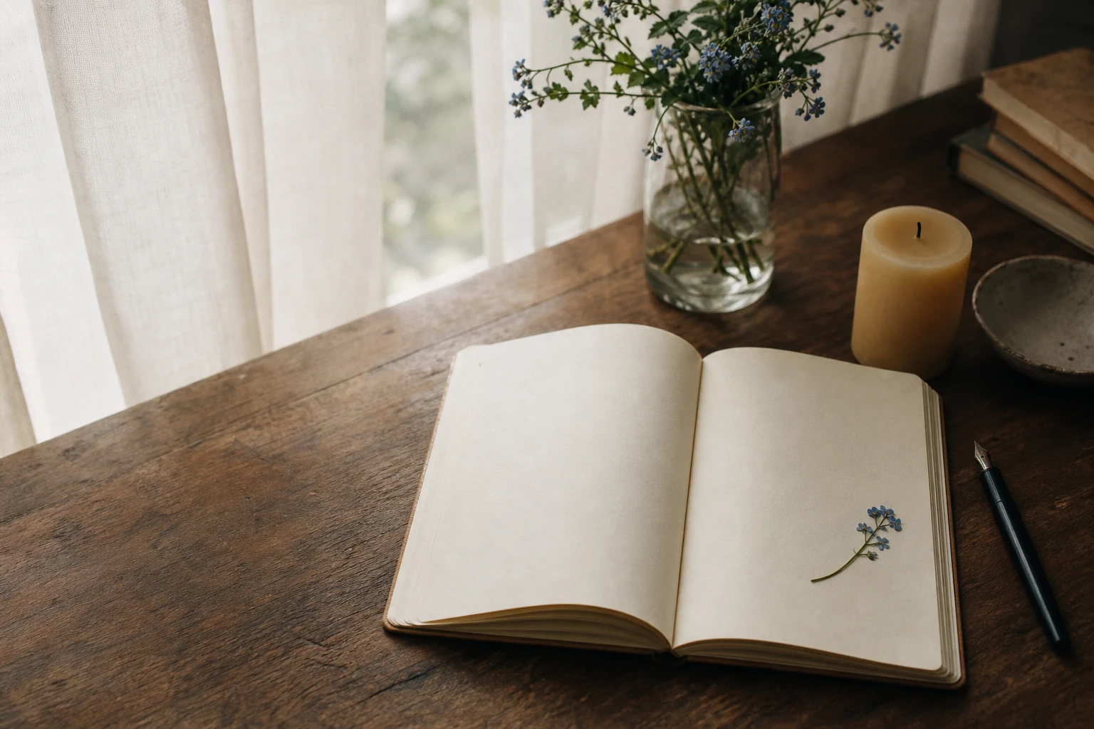 An open blank notebook on a wooden desk in gentle window light